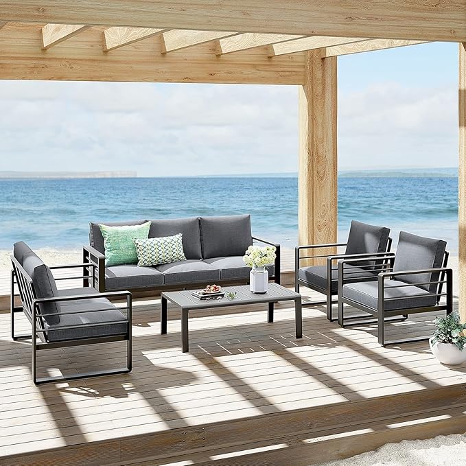 Patiorama Aluminum Patio Furniture Set, Outdoor Patio 3-Seater Sofa, 3 Seats Couch, All Weather Dark Grey Metal Chair with Olefin Cushion, Deep Seating, 800 lbs Capacity, Deck, Garden-Grey Cushion