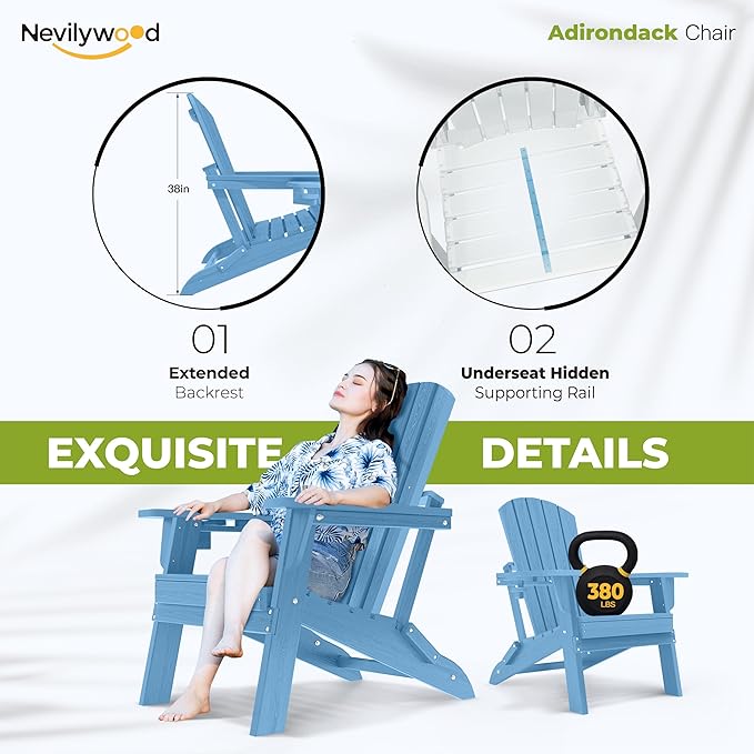 nevilywood Folding Adirondack Chair with Cup Holder Set of 4, HDPE Patio Chairs,All-Weather Outdoor Chairs for Backyard, Deck,Fire Pit-LightBlue