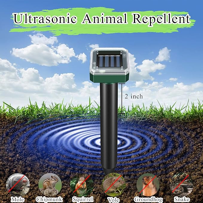 Mole Repellent Solar Powered 10 Pack, Snake Vole Repellent Outdoor,Waterproof Ultrasonic Deterrent Groundhog Squirrel Gopher Vole Deer and Chipmunk for Lawns Garden & Yard