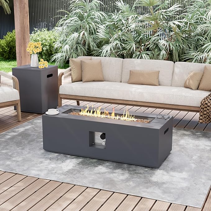 UPHA 42-inch Outdoor Propane Gas Fire Pit Table 50000 BTU Iron Rectangle Firepit for Outside Patio with Tank Hidden Table, Removable Lid, Gold Glass Rocks, Rain Cover, Grey