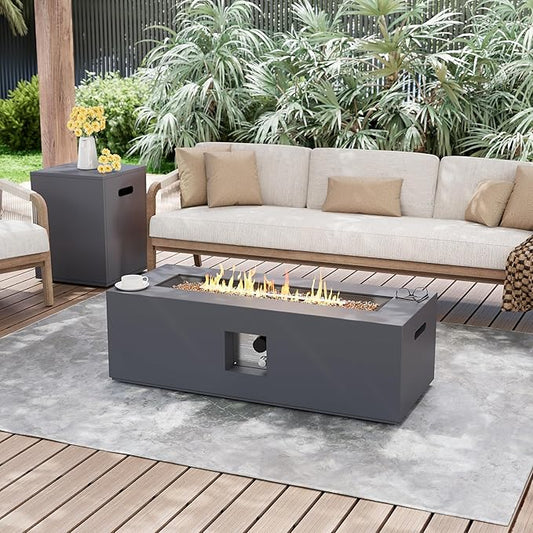 UPHA 42-inch Outdoor Propane Gas Fire Pit Table 50000 BTU Iron Rectangle Firepit for Outside Patio with Tank Hidden Table, Removable Lid, Gold Glass Rocks, Rain Cover, Grey