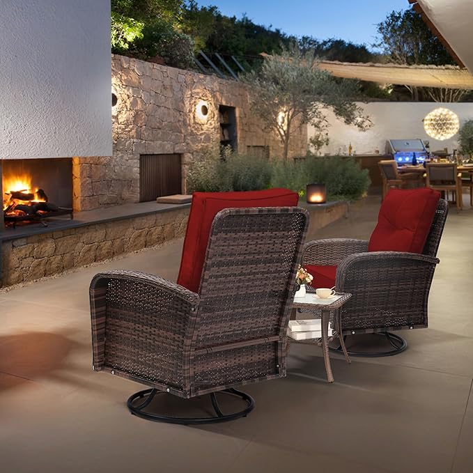 Luxury Outdoor Swivel Wicker Glider Patio Chairs with Table Set, Overstuffed Washable Cushions, Ideal for Porch, Balcony, Deck, Brown Rattan and Red Cushion