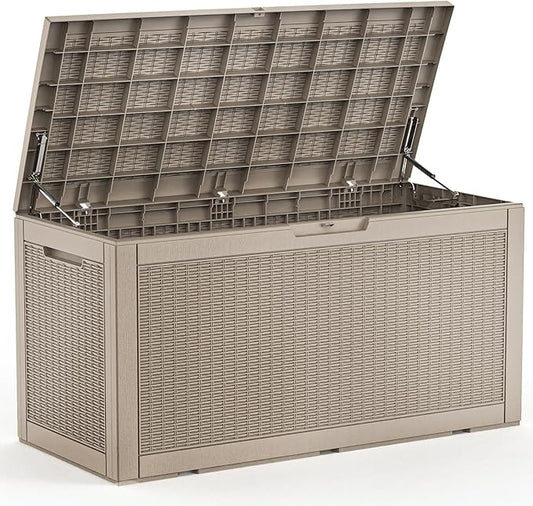 100 Gallon Deck Box,Resin Outdoor Storage Box with Lockable for Patio Furniture, Pool Accessories, Garden Tools Waterproof Outside Storage Box, Grey Pattern