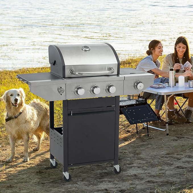 3 Burner Propane Gas Grill with Side Burner, 37,000 BTU Stainless Steel BBQ Grill with Foldable Shelves, Thermometer, Wheels, Ideal for Patio, Backyard, Outdoor Cooking, Barbeque