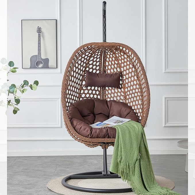 Egg Swing Chair with Stand for Outdoor Indoor, Hanging Egg Chair with Cushion and Pillow, Lounge Chair, Foldable Basket and Metal Stand for Porch, Patio, Bedroom, Balcony,Yard (Brown)