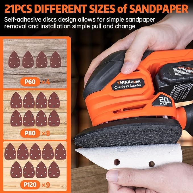 [Large 2.0Ah Battery] Cordless Detail Sander - 20V Electric Hand Sander for Woodworking with Dust Collector, 12000 OPM Palm Sander Tool with 21PCS Sanderpapers for Sanding, Polishing