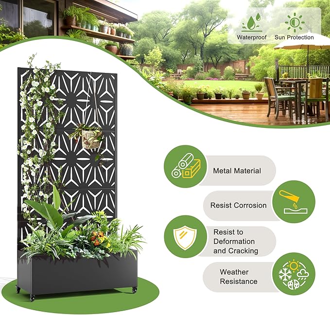FENCY Metal Raised Garden Bed with Wheels and Trellis,73"x35"x16" Planter Box for Climbing Plants, Vegetables & Vines, Features Privacy Screen and Drainage Holes (Black-Star)