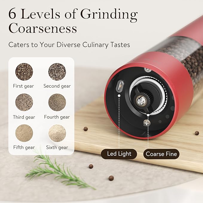 Ultrean Electric Pepper Grinder, Rechargeable Salt and Pepper Shakers with 6 Adjustable Coarseness, Automatic Grinder for Kitchen, LED Light, Red Christmas Gifts, Crimson Red
