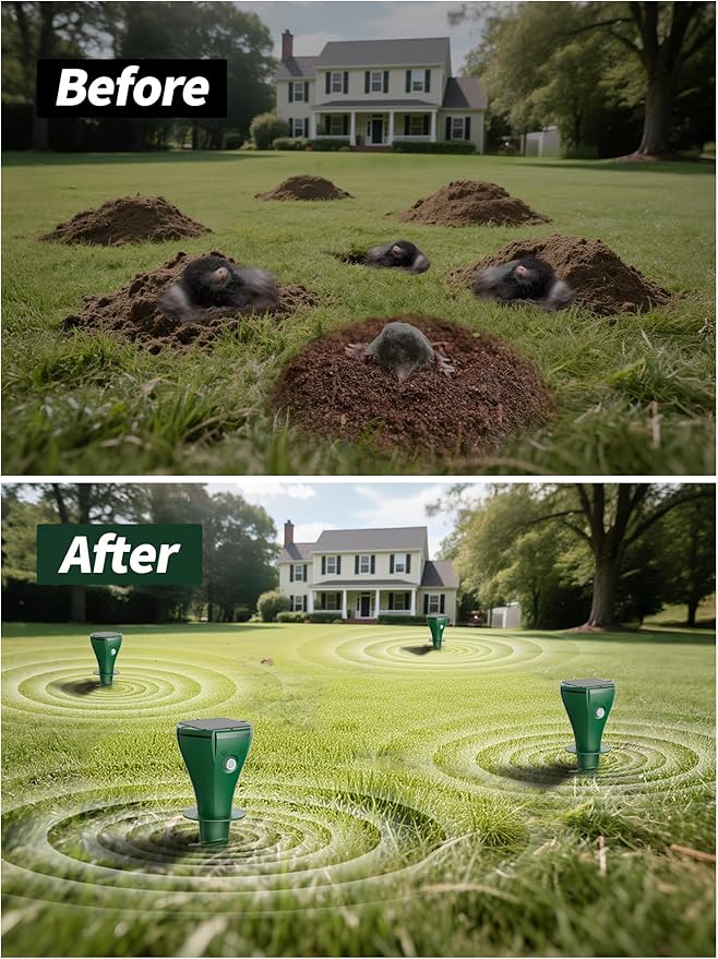Mole Repellent Solar Powered for Lawns, Waterproof Gopher & Groundhog Repellent with Variable Sonic Vibration, Easy Twist Stakes for Yard & Garden, Get Rid of Voles Snakes (8, Green)