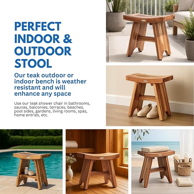 EcoDecors Teak Shower Bench 19", 300 lb Capacity – Waterproof Wood Bath Seat for Adults - Compact Spa Stool for Small Bathrooms & Walk-in Showers with Slip-Resistant Feet