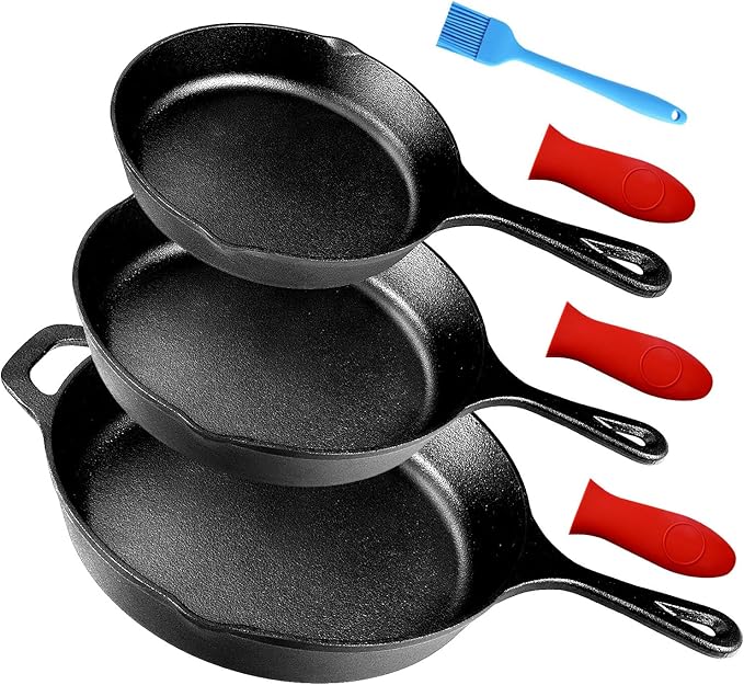 Suteck Cast Iron Skillet Set 3 piece | 6", 8" & 10" Pre-Seasoned Cast Iron Pans with 3 Silicone Heat-Resistant Holders - Indoor and Outdoor Use - Oven Grill Stovetop Induction Safe Cookware