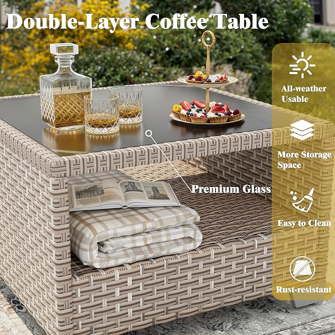 7 Pieces Patio Furniture Set, Outdoor Sectional Wicker Sofa with Thick Cushions and Storage Coffee Table, Rattan Patio Conversation Sets for Deck Yard Poolside, Khaki