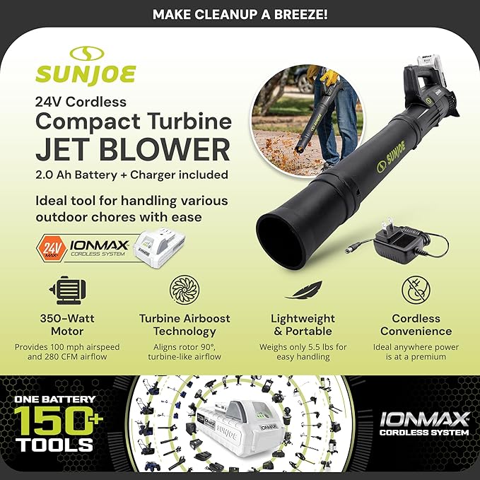 Sun Joe Cordless Jet Blower with Compact Turbine, Battery & Charger, 24V, 100 MPH - Portable and Lightweight Battery-Powered Electric Equipment for Lawn, Garden, and Yard Care, IONMAX 24V-TB-LTE