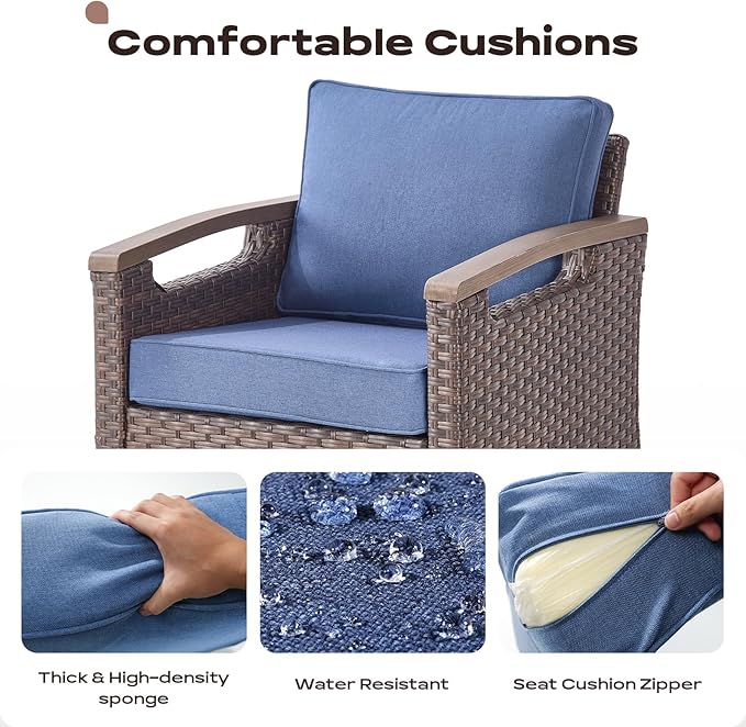 Rilyson Wicker Outdoor Patio Furniture Set - 6 Piece Patio Conversation Sets with Swivel Rocker Chairs, Sofa, Ottomans and Coffee Table, Thick Cushions, Waterproof Wicker, for Porch Deck Brown/Blue