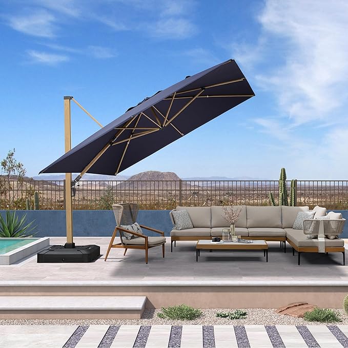 PURPLE LEAF 11FT Patio Umbrella With Base Square Cantilever Umbrella Teak Finished Aluminum Frame Large Windproof Offset Outdoor Sun Umbrellas for Beach Pool Deck, Navy Blue