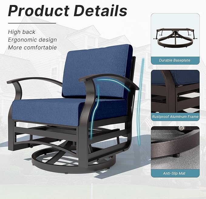 Kurapika 5 Pieces Patio Furniture Set, Outdoor Aluminum Swivel Gliders Rocker, Patio Bistro Set Rocking Chair with Thickened Cushions and Tempered Glass Side Table(Navy Blue)