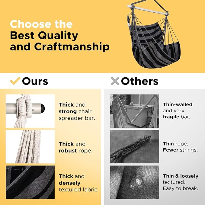 ADVOKAIR Hammock Chair Swing & Cover Set (500 lbs Max) – Hanging Rope Swing for Bedroom, Outdoor, Patio, Porch with Sturdy Steel Bar & Anti-Slip Rings + All-Weather Rain Cover for Storage Protection