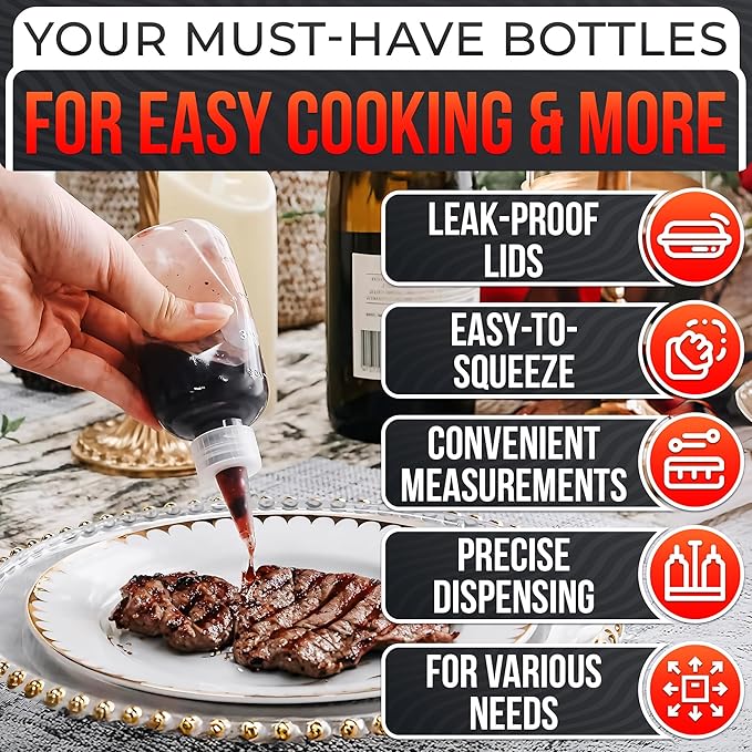 BURIUS 6-Pack 4oz Small Squeeze Bottles for Liquids – Clear Condiment Squeeze Bottles for Sauces, Ketchup, Mustard, Oil, Syrups, and Dressings with Measuring Scale – Easy-to-Use & Leak-Proof