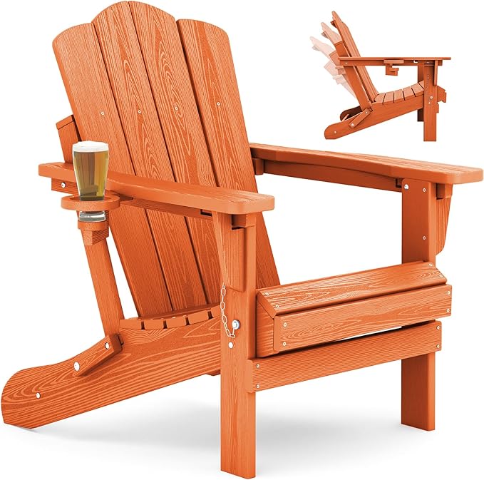 KINGYES Adjustable Folding Adirondack Chair, 3-Position Reclining Adirondack Chairs with Cup Holder, HDPE All-Weather Oversized Adirondack for Outdoor, Patio, Backyard Deck, Fire Pit, Orange