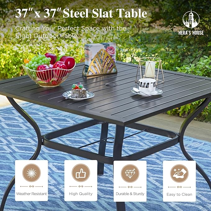 HERA'S HOUSE 5 Pieces Patio Dining Set, Outdoor Dining Set for 4, 4 x All Weather Testilene Padded Dining Chair, 37" Square Metal Dining Table, for Lawn Garden Backyard Deck