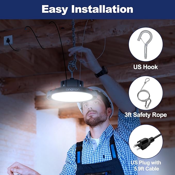 CINOTON 160W UFO LED High Bay Light, Aluminum LED Shop Lights with 24000LM, 5000K Commercial Bay Lighting for Warehouse Garage Workshop Factory Studio, 6' Cable & Safety Rope, ETL Listed 4 Pack