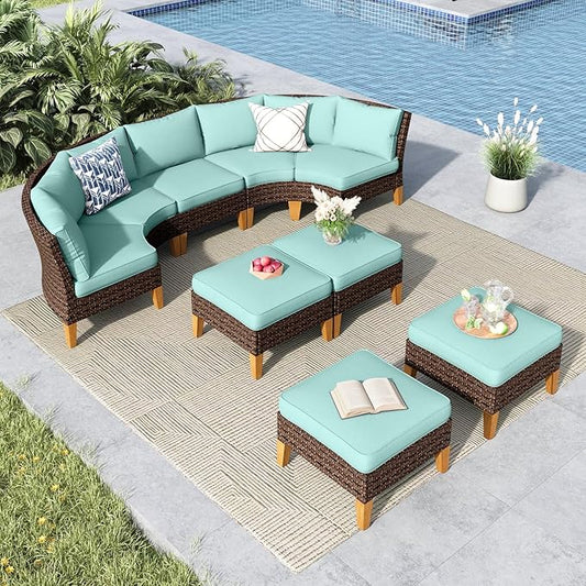 MFSTUDIO 9 Pieces Extra Large Wicker Patio Furniture Set, All-Weather Rattan Outdoor Conversation Half-Moon Sectional Sofa Set, 4 x Curved Sofa, 1 x Armless Couch, 4 x Ottomans(Aqua Blue Cushion)