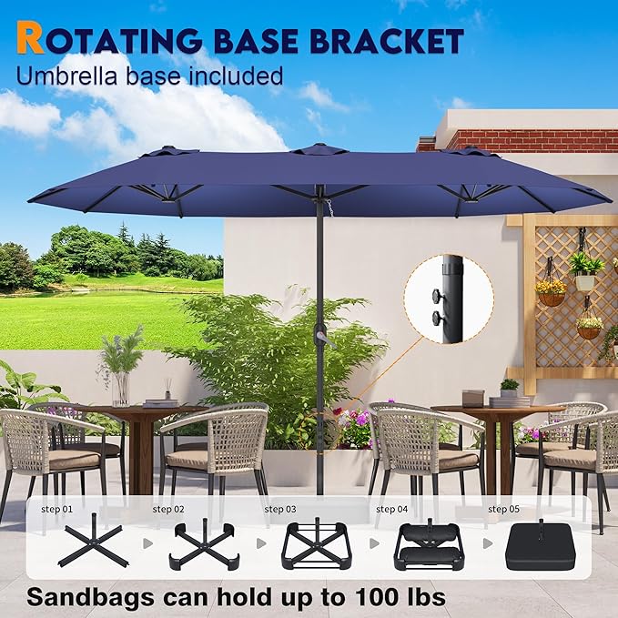 15ft Patio Umbrella with Base,Large Outdoor Double-Sided Rectangle Umbrella with Crank Handle, Market Umbrella for Poolside Garden Deck Backyard Beach Pools, Blue