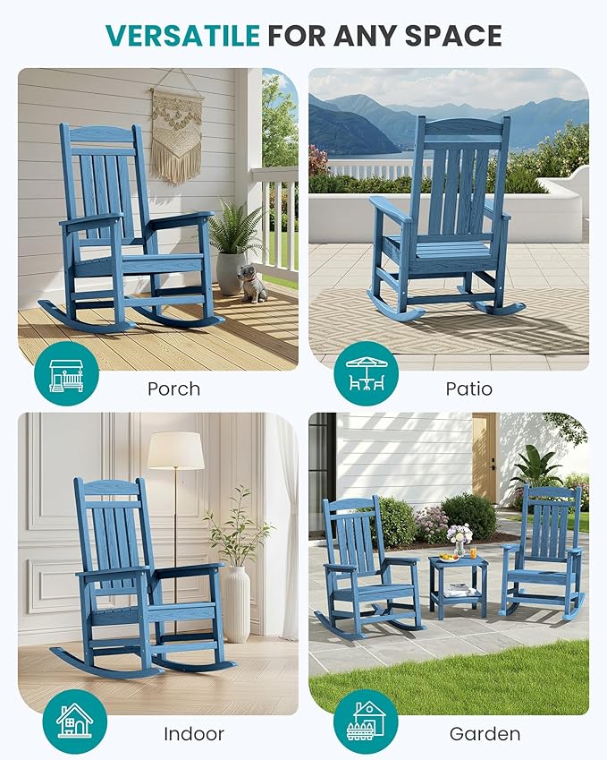 SERWALL Patio Rocking Chairs Set of 2, HDPE Outdoor Rocking Chair, All-Weather Porch Rockers for Adults, Blue