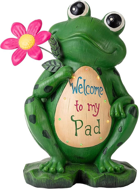 Alpine Corporation 18" Tall Outdoor Frog with Color Changing LED Lights and Welcome Sign Yard Statue