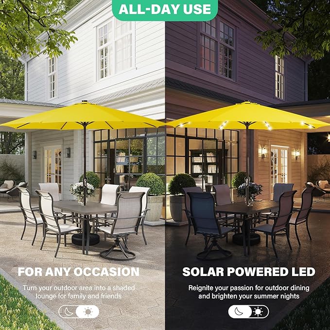 JEAREY 11' Lighted Patio Umbrellas Outdoor Solar Table Market Umbrella w/Crank, 8 Sturdy Ribs, UV Protection Waterproof Sunproof(Yellow)