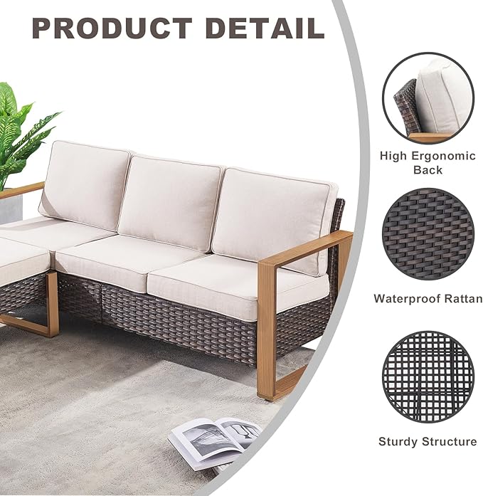 Rilyson Outdoor Wicker Patio Furniture Set - 5 Piece Patio Conversation Set with 2 Wicker Swivel Rocker Chairs,2 Rattan Ottoman and 1 Couch,Thick Cushions,Deep Seating,Wide Armrest(Brown/Beige)