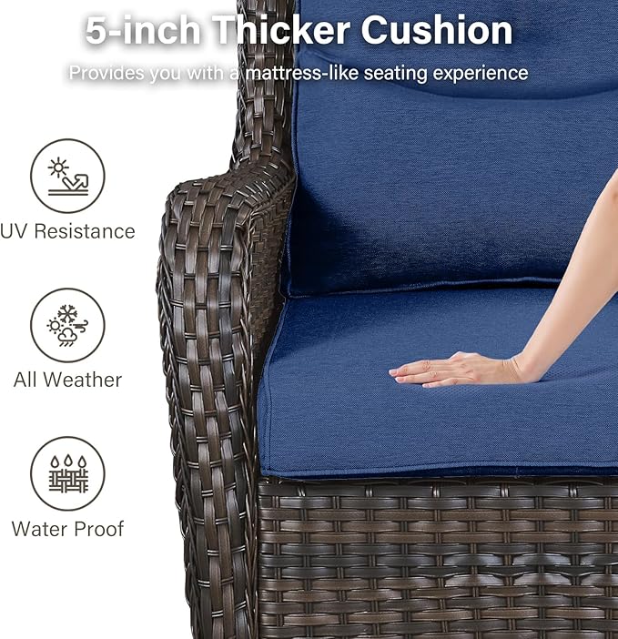 Outdoor Swivel Rocker Patio Chairs Set of 6 with Fire Table - 5" Thick Cushion 6 Piece Furniture Set with Fire Pit Table All Weather Wicker Conversation Set for Porch Deck Brown Wicker | Blue Cushions