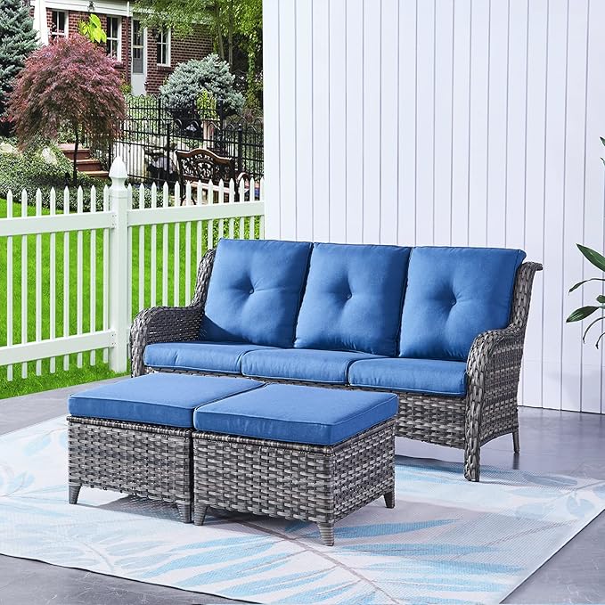 HUMMUH 8pcs Patio Furniture Set Outdoor Swivel Rocker Wicker Patio Chairs,Outdoor Couch with Coffee Table and Ottomans(Grey,Blue)