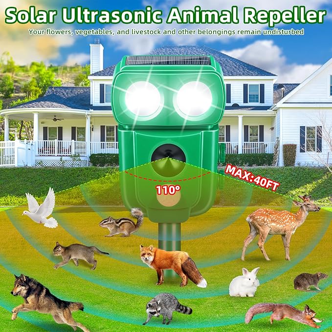 2 Pack Solar Animal Repeller Ultrasonic Deer Repellent Devices Cat Repellent Outdoor to Keep Cats Away Squirrel Skunk Dog Raccoon Coyote Fox Deterrent with Motion Sensor & Light for Farm Garden Yard