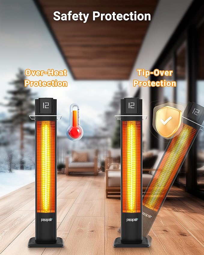 Pasapair 42" Outdoor Patio Heater - 1500W Infrared Tower Heater with Remote 12 Heat Levels and 9H Timer - IP55 ETL Certified for Garage, Indoor, Porch