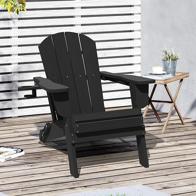 LOUNZY Folding Adirondack Chair with Cup Holder, HDPE All-Weather Folding Patio Chair, Outdoor Patio Adirondack Chair for Lawn Porch Garden Backyard Deck Fire Pit, Black
