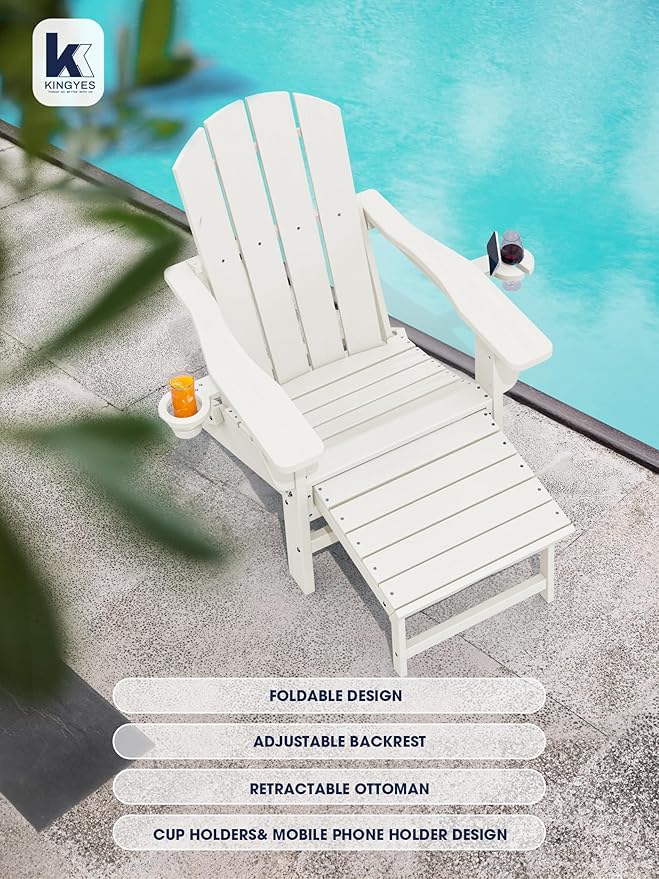 KINGYES Folding Adjustable Adirondack Chair with Ottoman & 2 Cup Holders, HDEP Multifunctional Adirondack Chair with Footrest, White