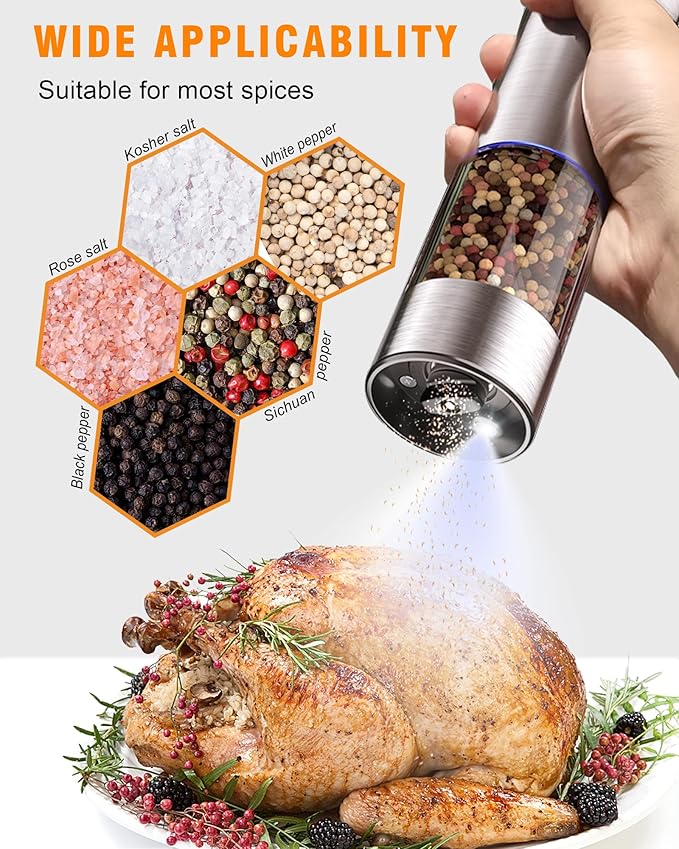 Electric Salt and Pepper Grinder Set, Stainless Steel Automatic Pepper Grinder with Upgraded Charge Base and LED Light, Adjustable Coarseness, Rechargeable Sea Salt Spice Mill Set, Ideal for Kitchen