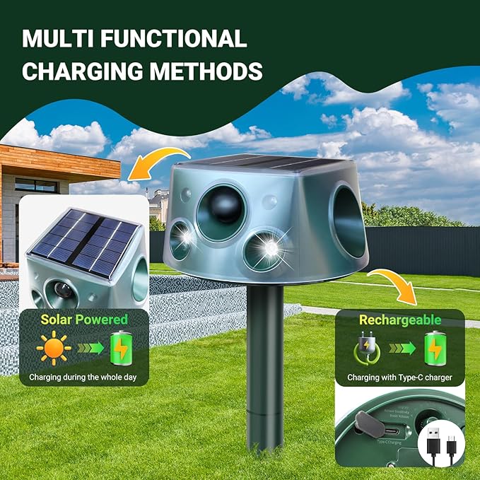 Solar Ultrasonic Animal Repellent, Deer Repellent Devices with Motion Detection & 4 Mode, Cat Repellent Outdoor Squirrel Skunk Rabbit Raccoon Dog Mouse Deterrents Repeller for Yard Patio Waterproof