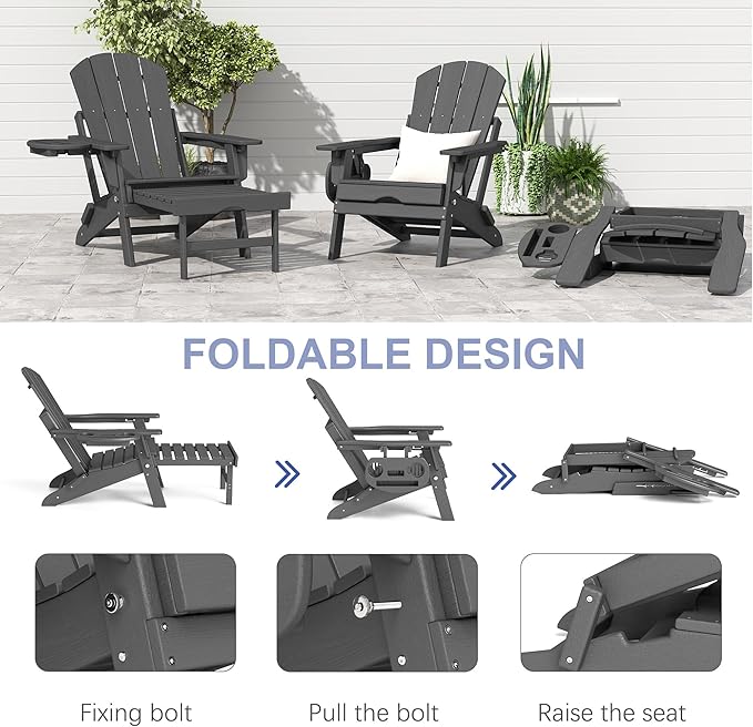 FOOWIN Adirondack Chair with Retractable Ottoman,HDPE Folding Adjustable Adirondack Chair w/4 in 1 Cup Holder Trays,All-Weather Resistant Fire Pit Chair for Outdoor Patio Lawn Set of 6
