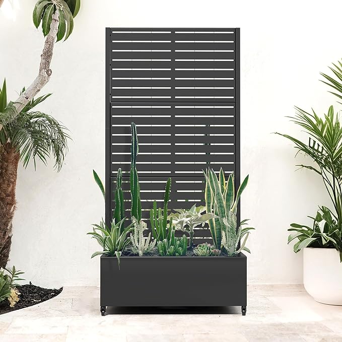 Metal Raised Garden Beds with Trellis and Wheels, Standing Planter Box with Privacy Screen for Outdoor Plants, Garden Boxes with Drainage Holes (35" L×24" W×71" H, Black)