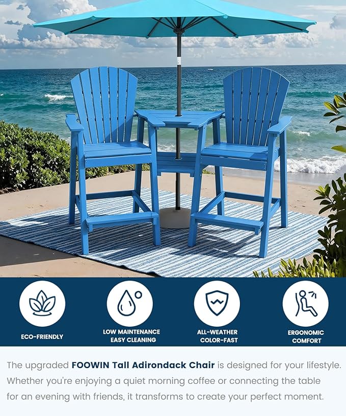 FOOWIN Tall Adirondack Chair Set of 4, All Weather HDPE Bar Height Adirondack Chair with Double Connecting Trays, Adirondack Barstools for Balcony, Deck, Backyard, Patio, Garden Pacific Blue