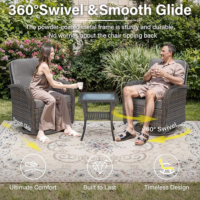 Belord Outdoor Wicker Furniture Set with Swivel Chairs, 5 Piece Small Patio Conversation Sets with Rattan Loveseat Coffee Table for Patio Deck Porch Backyard, Grey Cushion