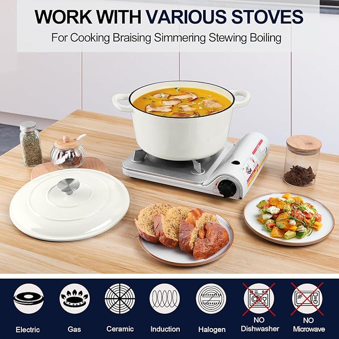 P&P CHEF 6QT Enameled Dutch Oven, Cast Iron Dutch Oven Pot with Lid for Bread Baking, Enameled Casserole Pot for Roasting Braising Stewing Frying Simmering, Various Stoves & Easy Clean, White