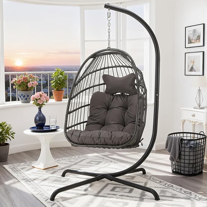 RADIATA Heavy Duty Egg Chair Swing with Stand, 350Lbs Rattan Hanging Chairs with Base and Cozy Cushion, Single Eggshell Hammock Seat for Outside Patio Porch Backyard Balcony Apartment, Dark Grey