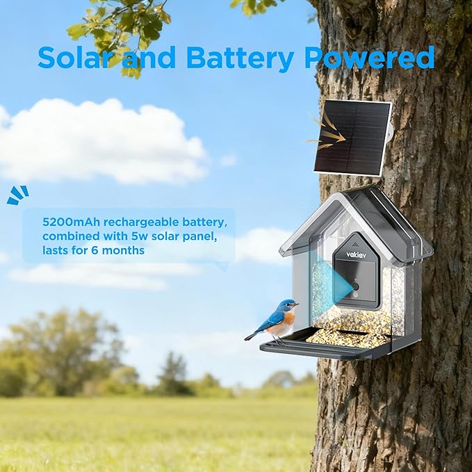 Smart Bird Feeder with Camera Solar Powered,4K Camera with UHD Video Live Stream,No Subscription,Identify 10,000+ Birds with AI,Instant Alerts,Elderly-Friendly,No Wi-Fi Needed,Gifts for Bird Lovers