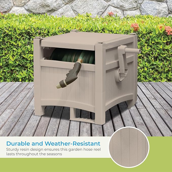 Suncast Garden Hose Reel Hideaway for 5/8" Hoses, Retracting Storage of 100ft, Light Taupe
