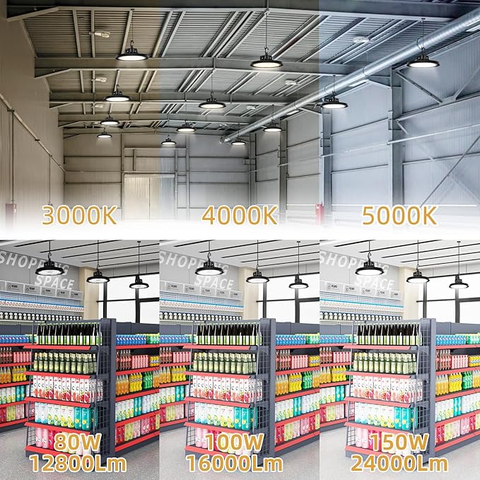 RMC 6 Pack UFO LED High Bay Light 150W 24000LM,3 CCT Switchable (3500K/4000K/5000K), 0-10V Dimmable, 120-277V, ETL Listed, Commercial LED Shop Lights for Warehouse, Workshop, Barn, Factory