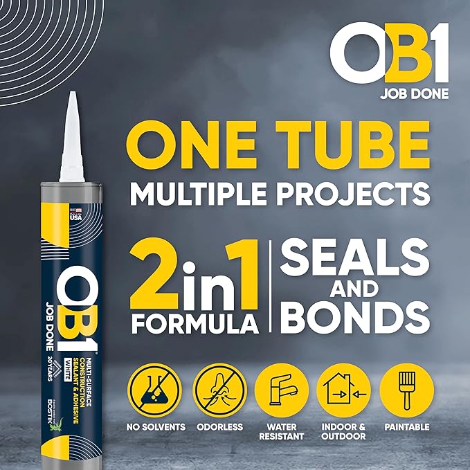 OB1 Universal Caulk Sealant & Adhesive White 10.1oz | Professional Grade Premium All-in-One Advanced Hybrid 2-in1 | Water Resistant Internal & External | Shrink Crack UV & Fade Resistant | 1 Cartridge