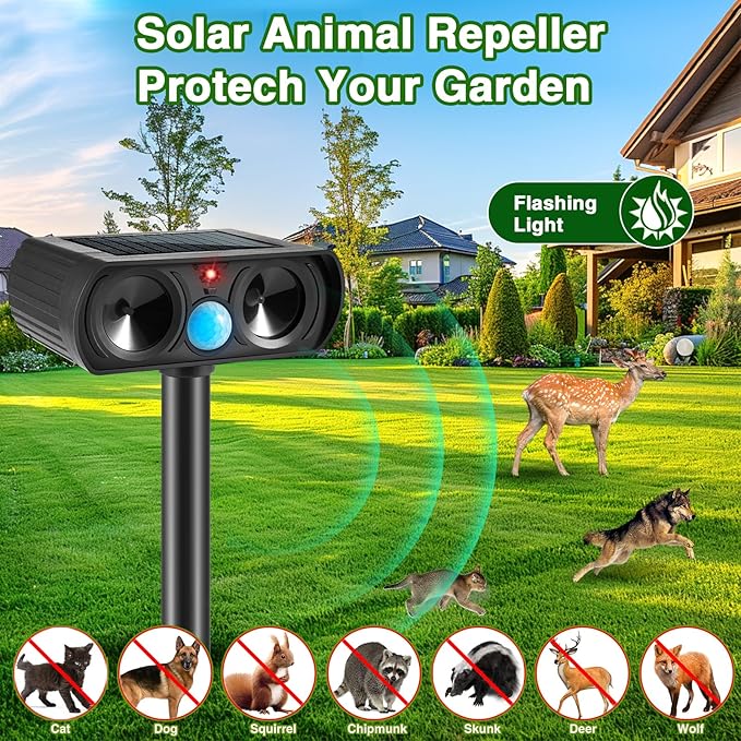 2025 Deer Repellent Device Ultrasonic Animal Repellent Outdoor Solar Animal Repeller with Motion Detection Waterproof Cat Deterrent Outdoor to Scare Rabbit Squirrel Skunk Fox Raccoon(2PACK)